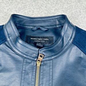 Marc New York Navy Blue Faux Leather Suede Mixed Media Moto Jacket Women’s L